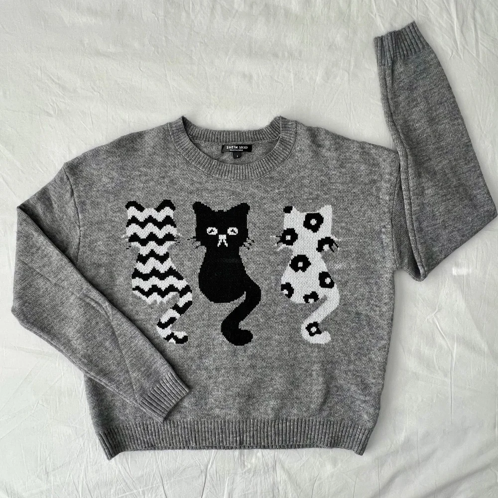 Cat Pattern Drop Shoulder Sweater - Picture 5 of 8